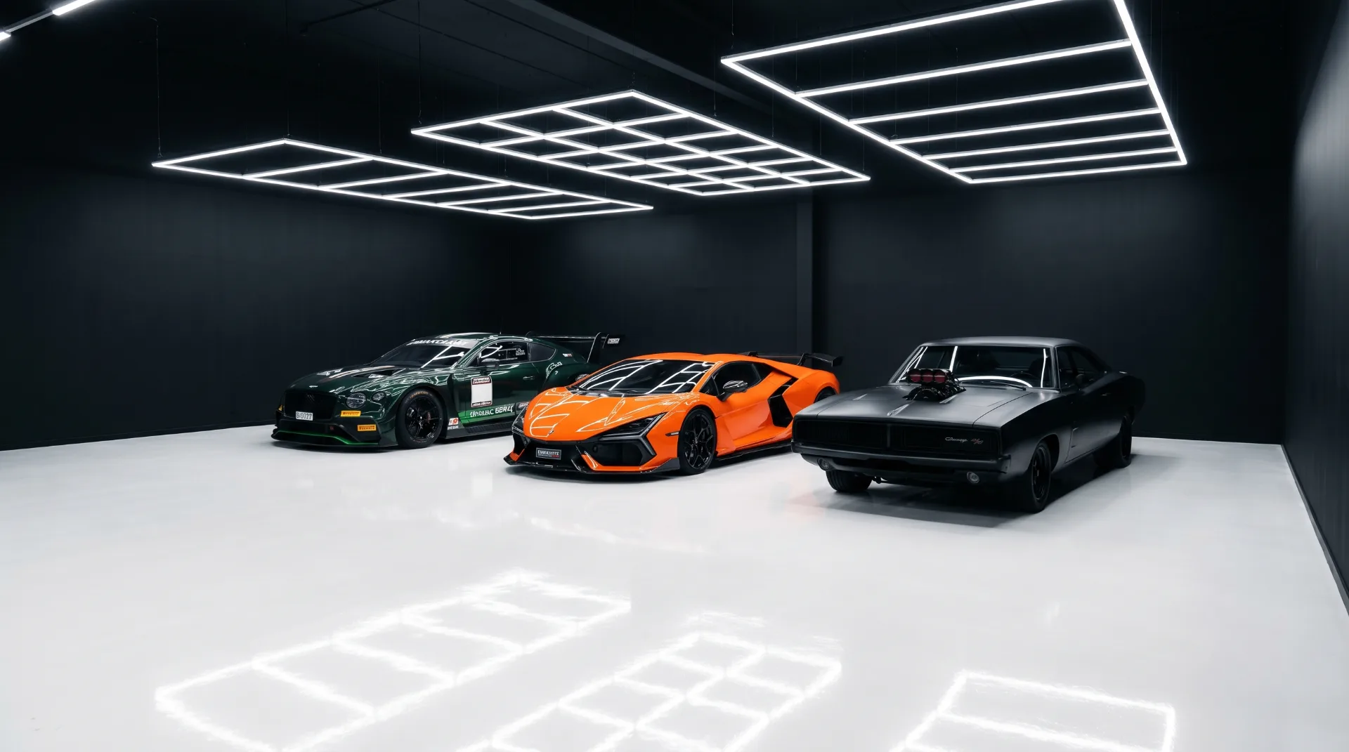 NorthSea Dynamics atelier — three supercars under suspended light grids