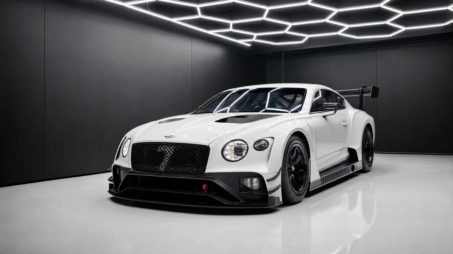 Bentley Continental GT3 conversion — front view under the hex-light studio